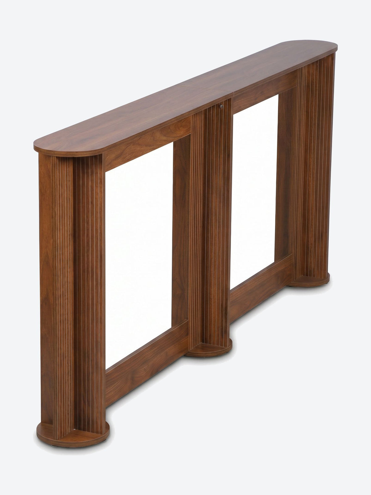 Japandi console table with ribbed column legs and oval tabletop