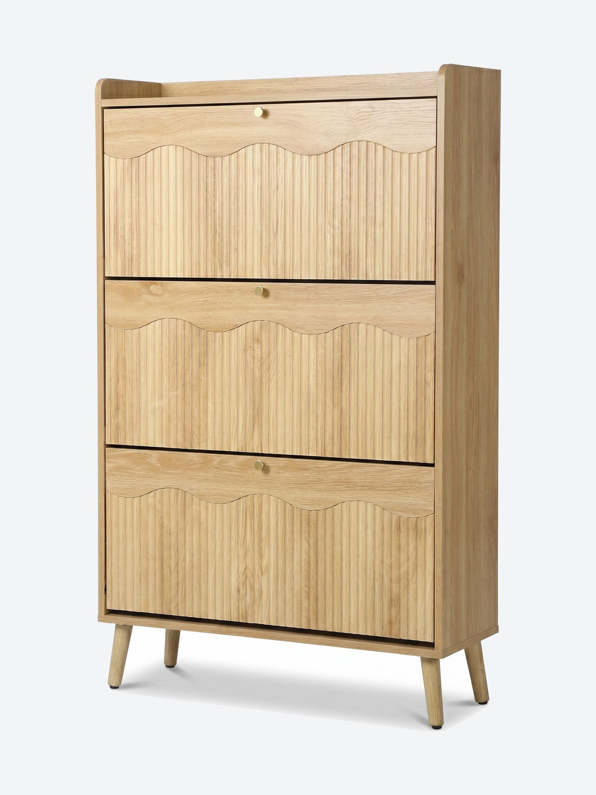 Tall Japandi shoe cabinet with open shelf