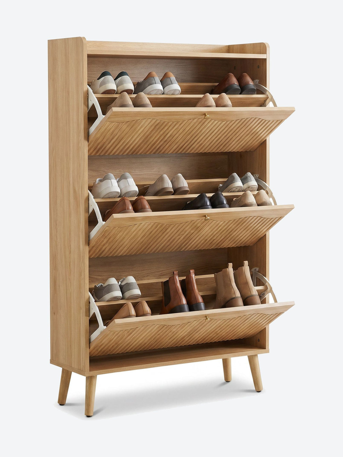 Tall Japandi shoe cabinet with open shelf