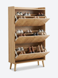Tall Japandi shoe cabinet with open shelf