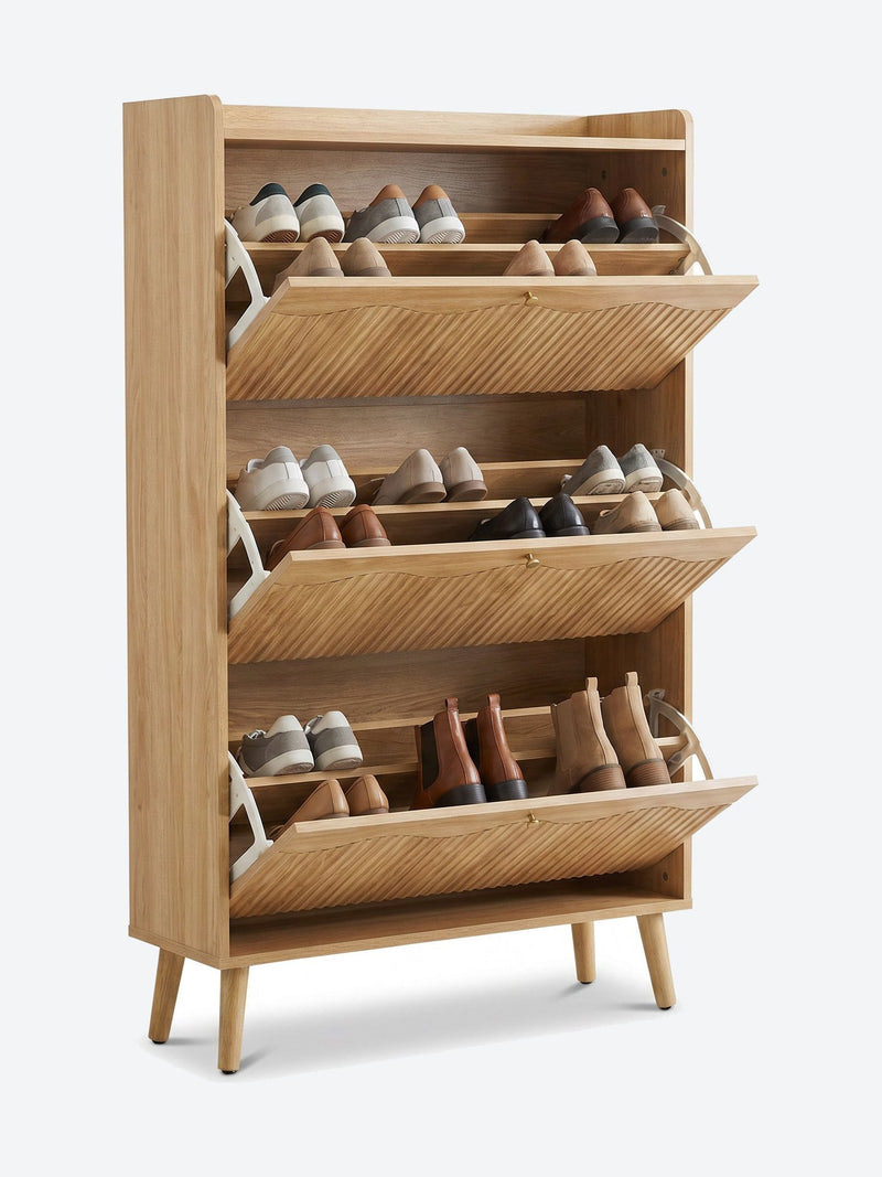 Tall Japandi shoe cabinet with open shelf