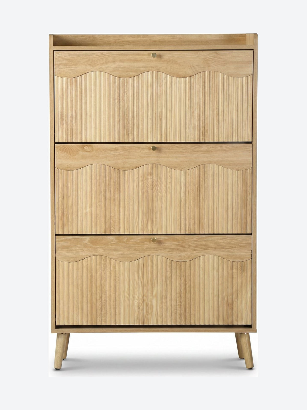 Tall Japandi shoe cabinet with open shelf