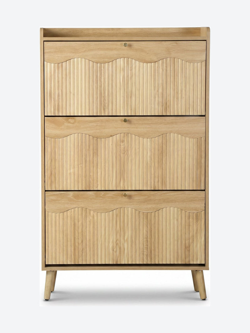 Tall Japandi shoe cabinet with open shelf
