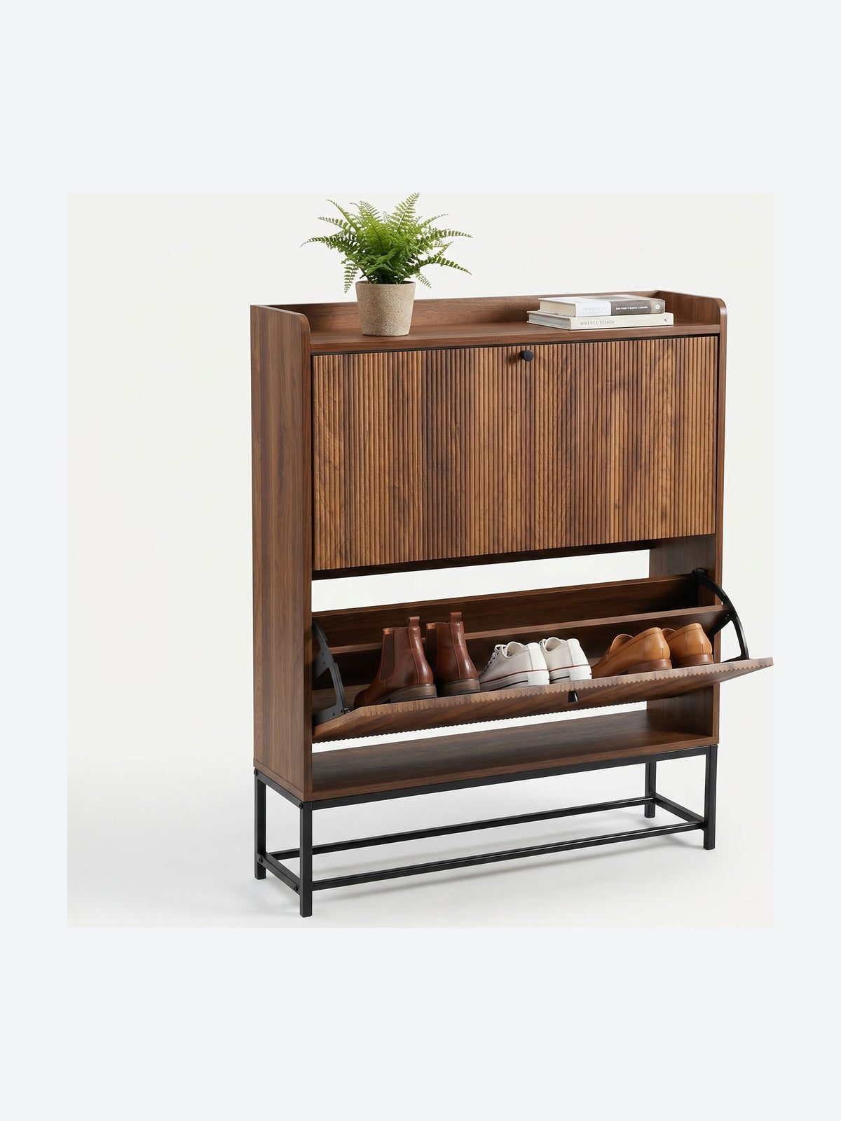 Japandi shoe cabinet with flip-down doors