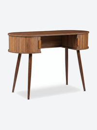 Japandi console table with oval top and storage