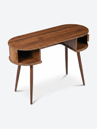 Japandi console table with oval top and storage