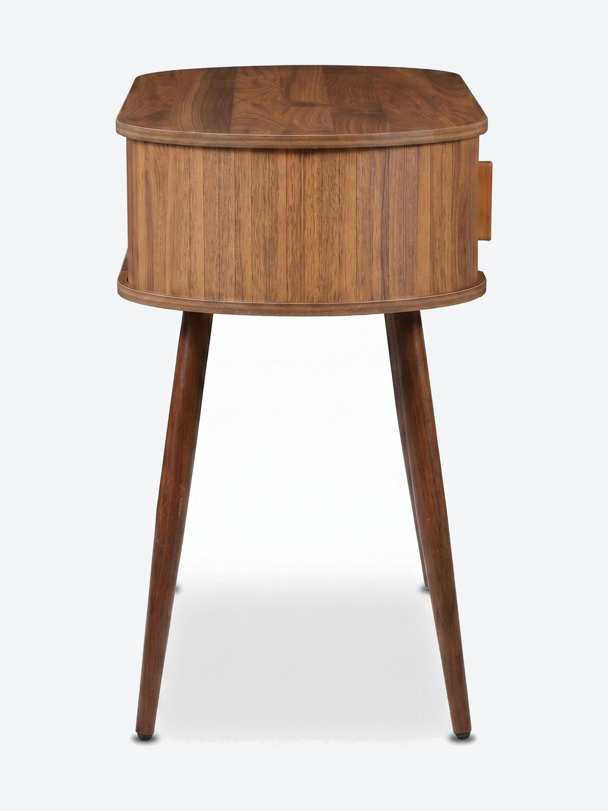 Japandi console table with oval top and storage