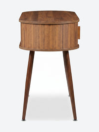 Japandi console table with oval top and storage