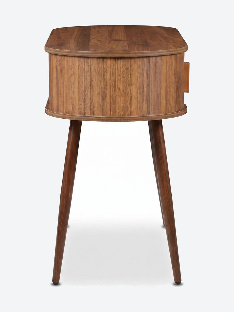 Japandi console table with oval top and storage