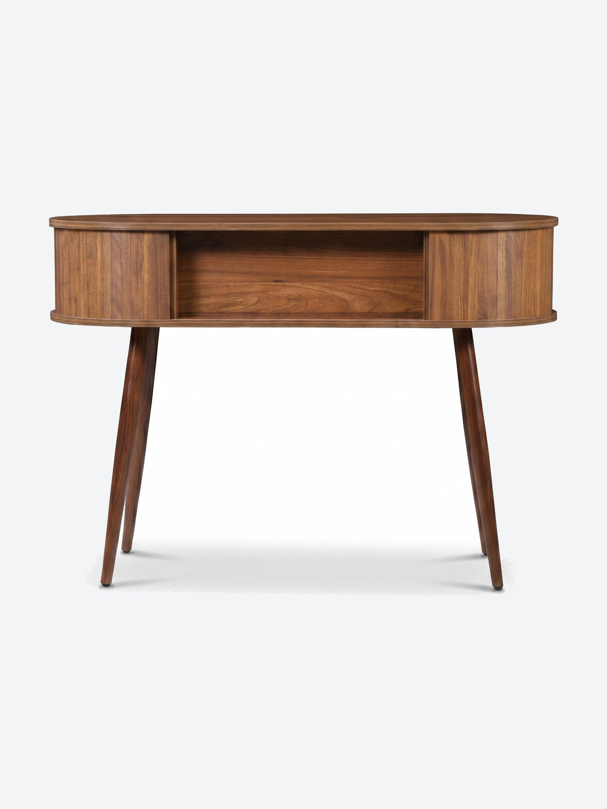 Japandi console table with oval top and storage