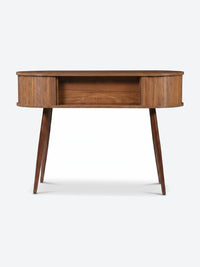 Japandi console table with oval top and storage