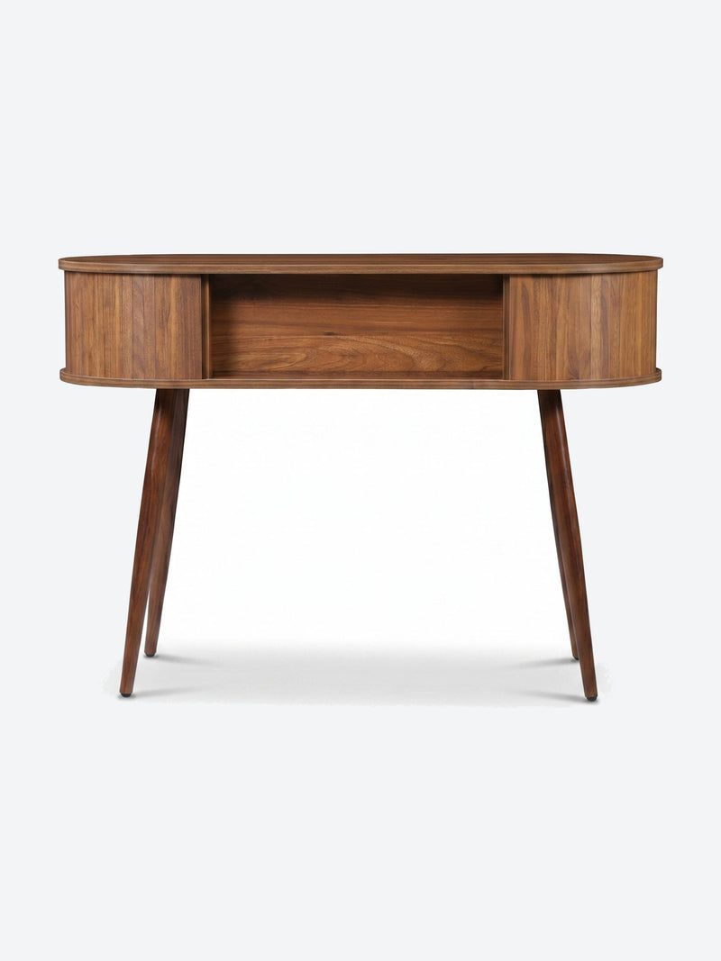 Japandi console table with oval top and storage