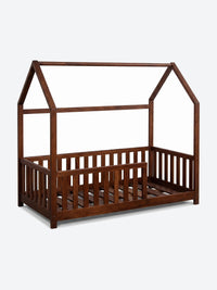 Children's house shaped bed with safety rails