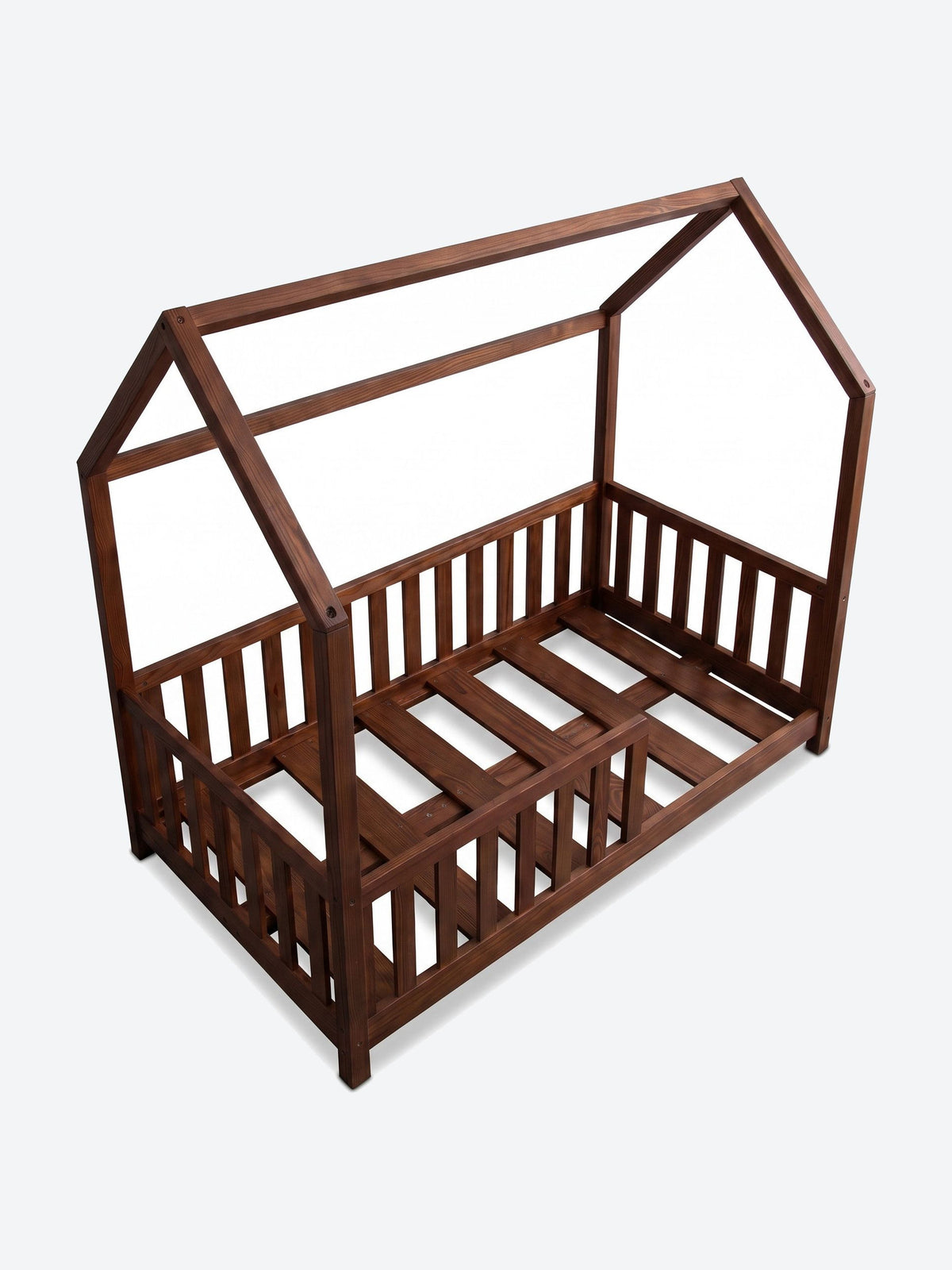 Children's house shaped bed with safety rails