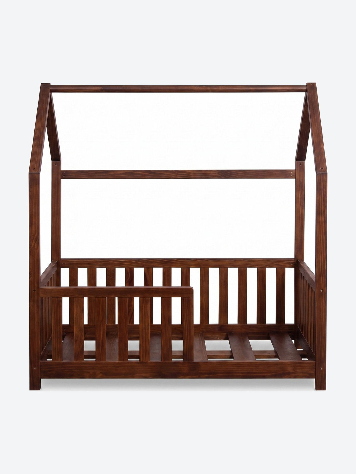 Children's house shaped bed with safety rails