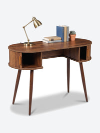Japandi console table with oval top and storage
