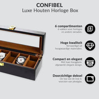 Black lacquered wood watch box open at an angle, two watches in tan-lined compartments, plexiglass lid and gold hardware v…