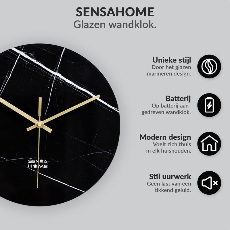 Black marble-print glass wall clock infographic showing gold hands, white veining, and Dutch feature icons for silent move…