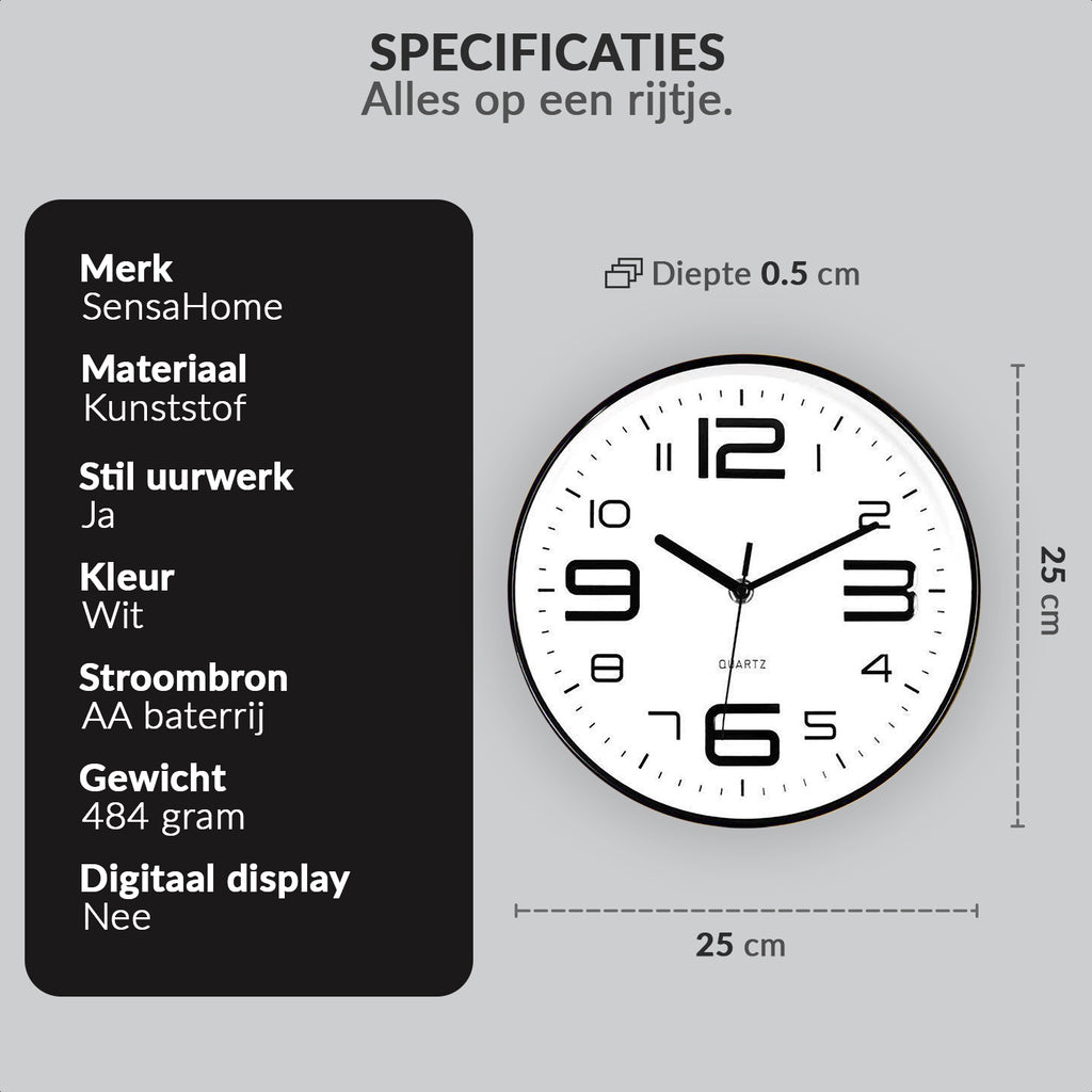 Wanduhr – Lautloses Uhrwerk – 25 cm Durchmesser (Weiß)