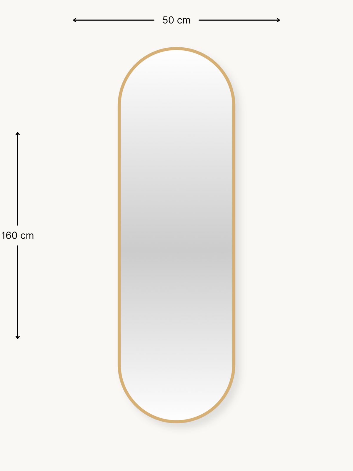 Capsule-shaped oval wall mirror with thin gold aluminium frame, front view with 50 x 160 cm dimension annotations