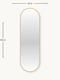 Capsule-shaped oval wall mirror with thin gold aluminium frame, front view with 50 x 160 cm dimension annotations