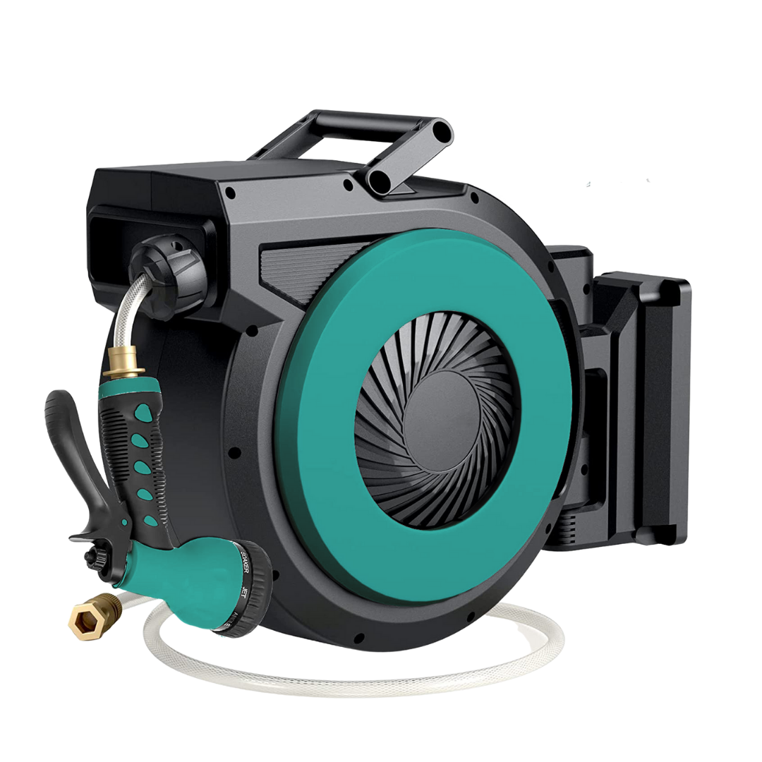 Buxibo - Wall-mounted hose box 20 meters + 2 meters - Garden hose with reel - 9 Spray positions - Hose holder 180° rotatable - Garden hose reel Black + Free Sprayer - Green