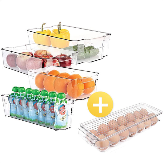 Fridge organizer bins set of 4 with egg holder