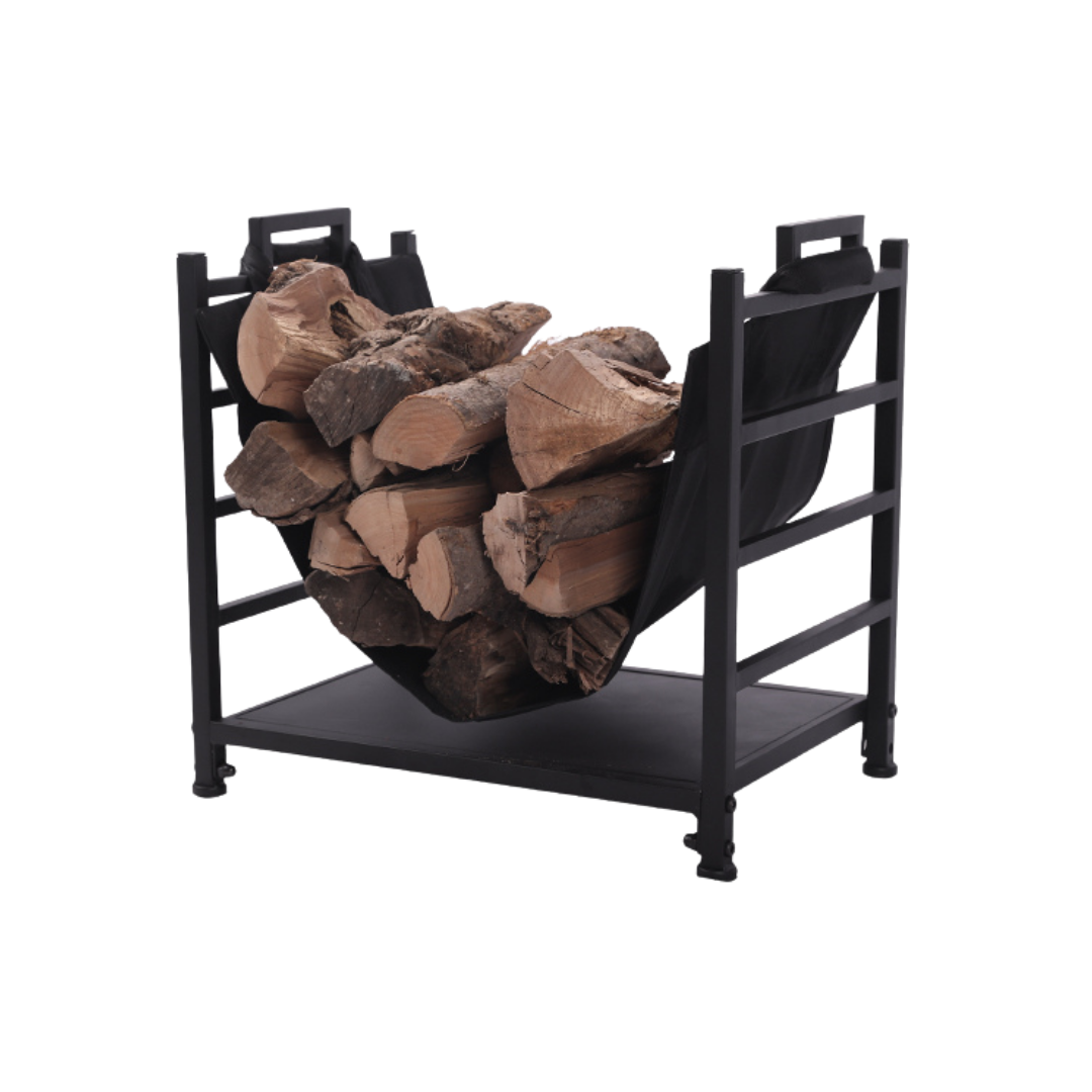 SensaHome - Support de stockage de bois de chauffage avec sangle de transport - Support de bois de chauffage - Stockage de bois de chauffage - Avec aide au levage - Extérieur ou intérieur - 50,5x37x50cm - Noir