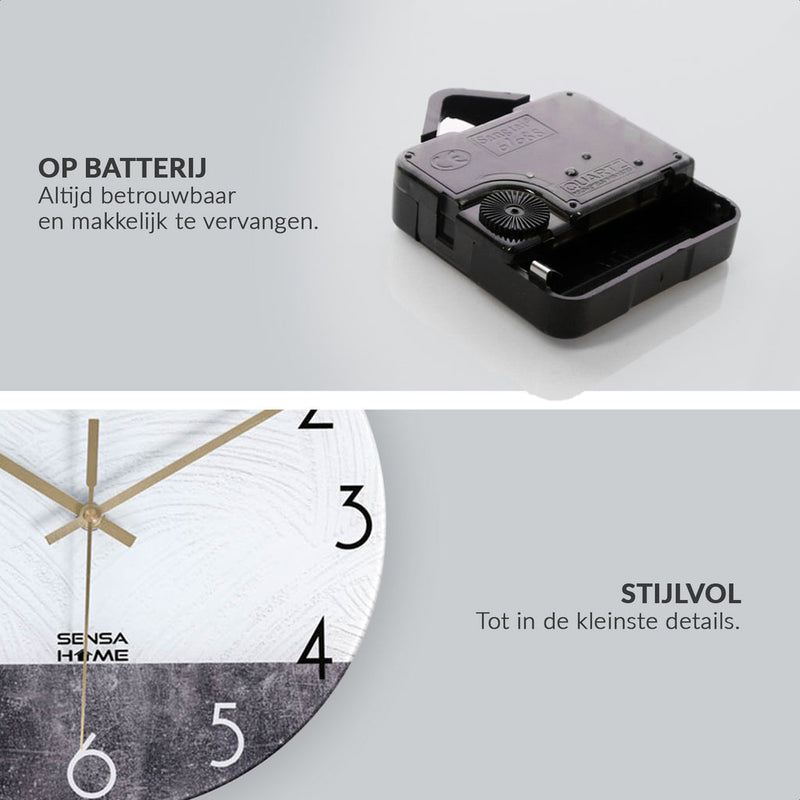 Close-up detail of SensaHome wall clock face with gold hands and quartz battery movement unit shown separately above