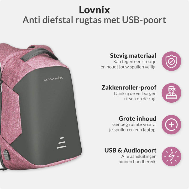 Diebstahlsicherer Rucksack mit USB-Ladestation (Pink)