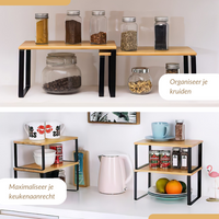 Two-panel lifestyle image: stacked spice jars on tiered bamboo risers above, two black metal counter organisers with mugs,…