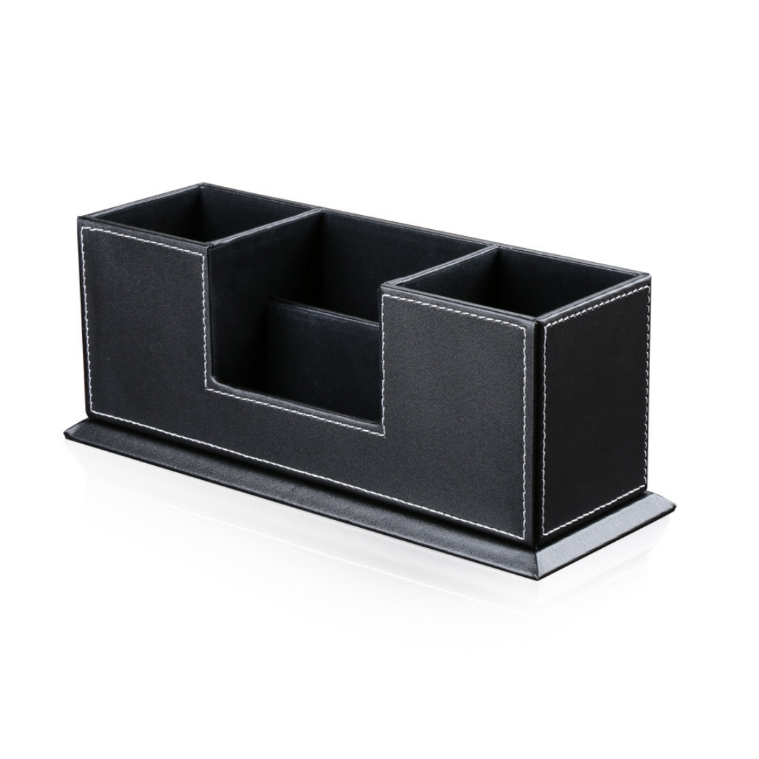 Buxibo - Multifunktionel læder Desktop Organizer - 4 rum - Opbevaringsboks - Fjernbetjeningsholder - Skrivebordstilbehør - Pennebakke/penneholder/skrivebord/arbejdsbord - Læder - Sort