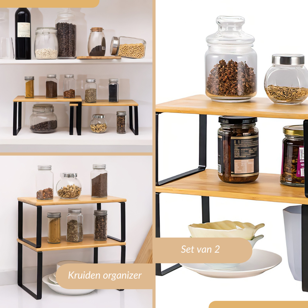 Two stacked bamboo-surface black metal risers holding glass spice jars above and sauce jars below, with ceramic dishes at…