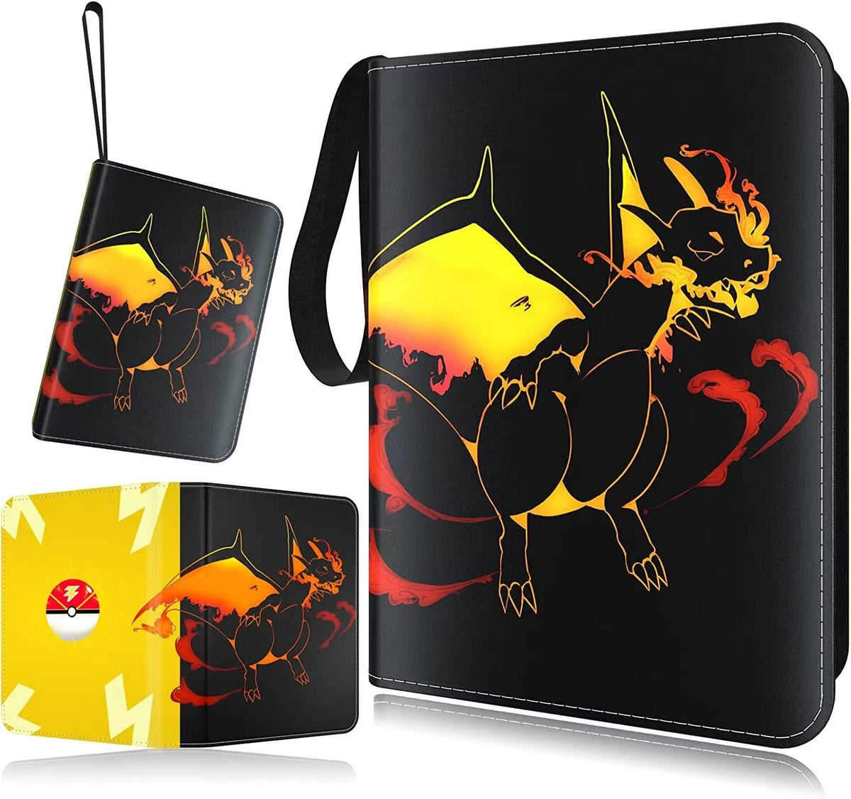 Black Charizard trading card binder set showing large closed album, small wrist-strap pouch, and open binder revealing yel…