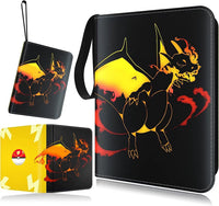 Black Charizard trading card binder set showing large closed album, small wrist-strap pouch, and open binder revealing yel…