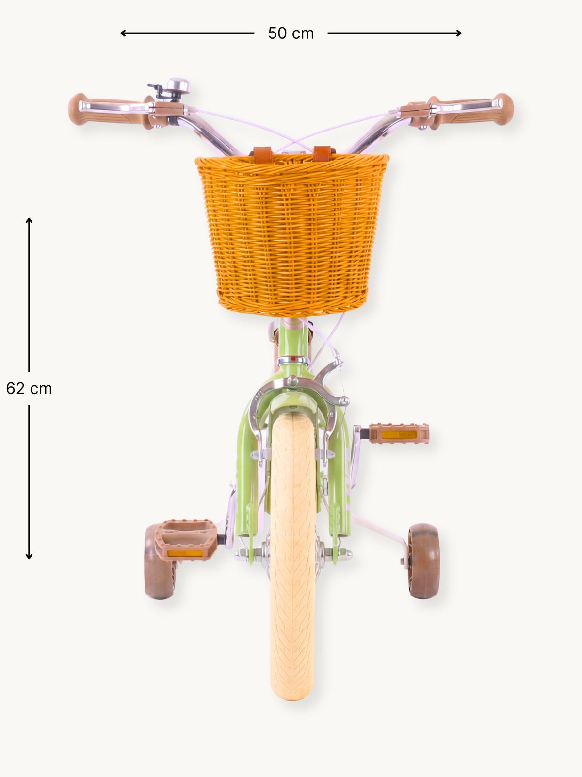 Front view of green Luca 12-inch kids bike with dimension arrows: 50 cm wide, 62 cm tall, amber wicker basket and training…