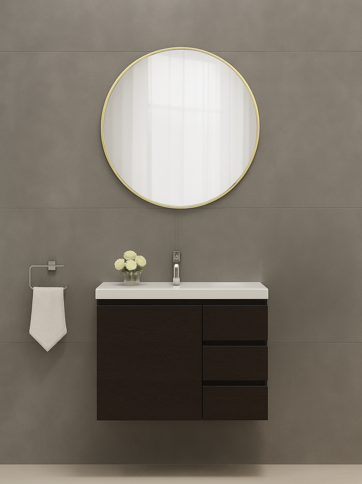 Freya round mirror with slim gold frame mounted above dark wood bathroom vanity, lifestyle bathroom setting