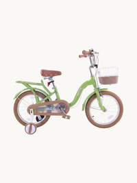 Green Ibiza 12-inch girls bike with brown saddle, wicker-style front basket, rear rack, and training wheels, side view