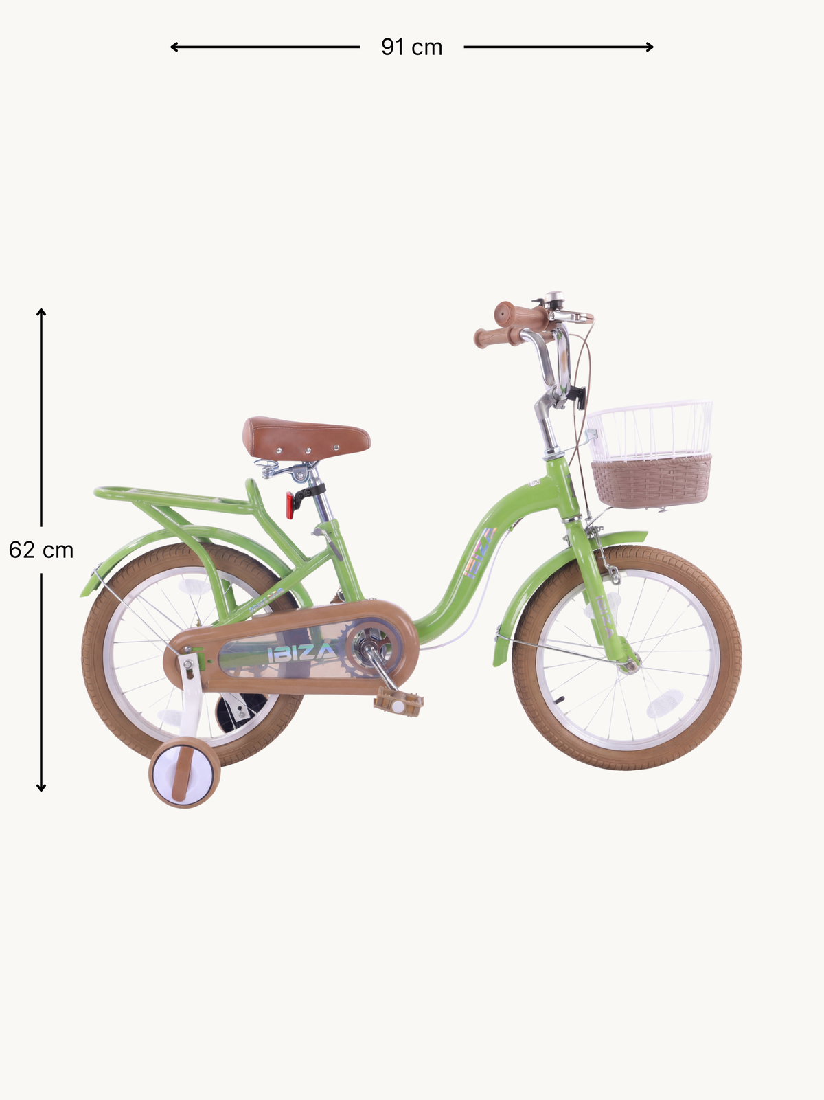 Green Ibiza children's bike side view with dimension annotations: 91 cm length and 62 cm height marked