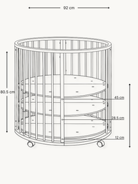 Line drawing diagram of round baby playpen showing dimensions: 92 cm wide, 80.5 cm tall, with mattress heights at 45 cm, 2…