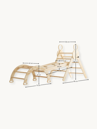 Natural birch wood climbing set with dimension annotations showing triangle (85×68 cm), slide ramp (80 cm), and arch (73×3…