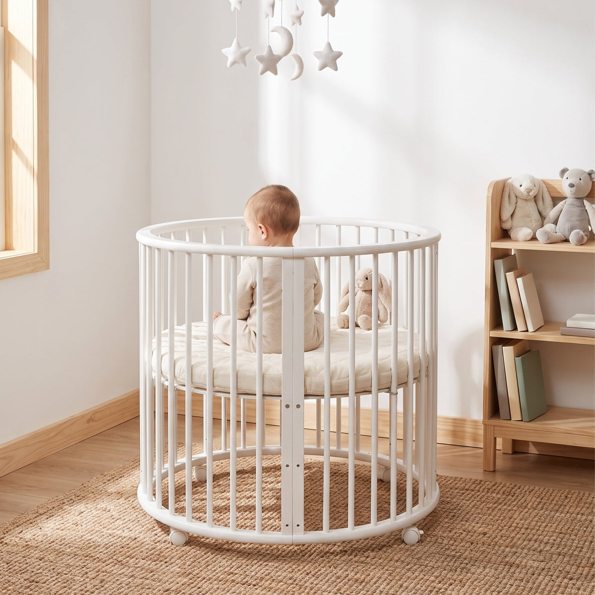 Baby sitting inside white round wooden playpen on jute rug, star mobile above, stuffed toys nearby, lifestyle nursery setting