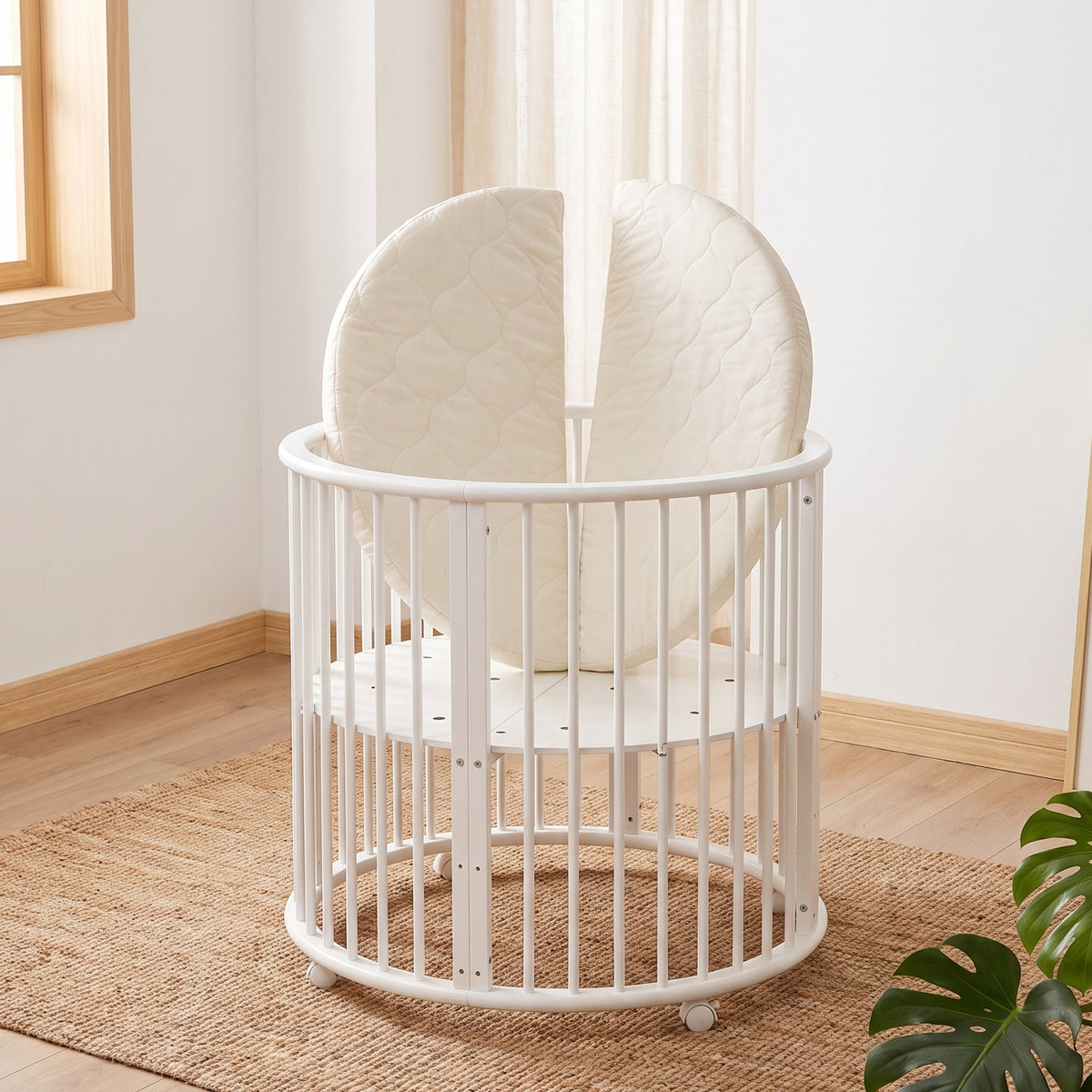 White oval wooden baby playpen on castors with cream quilted split mattress standing upright inside, on jute rug by window