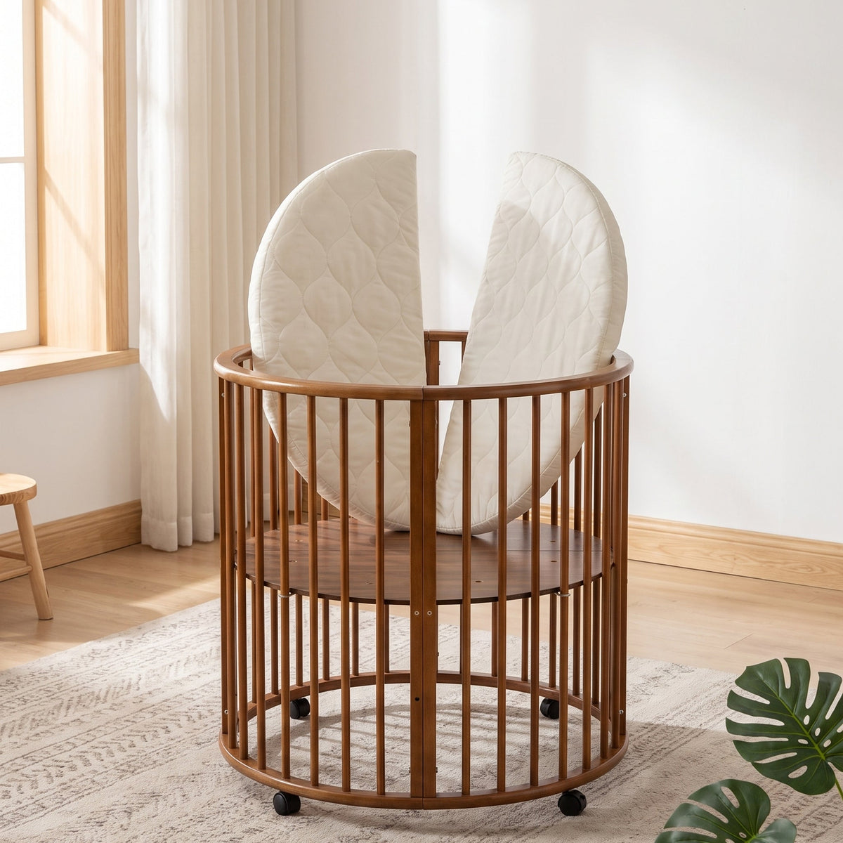 Walnut-finish round wooden baby playpen on castors, quilted oval mattress propped open vertically inside, nursery lifestyl…