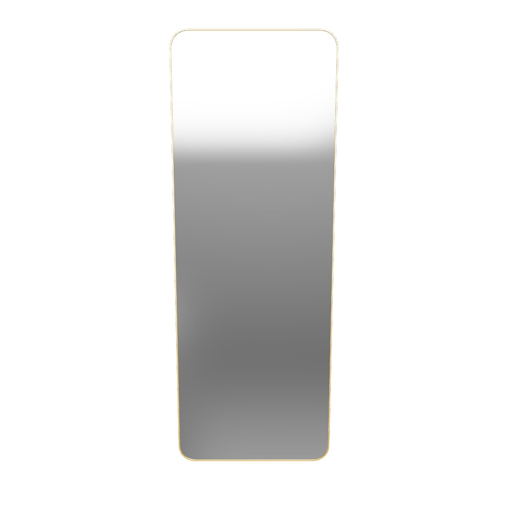 3D view of gold full-length standing mirror with brushed aluminum frame and black easel stand