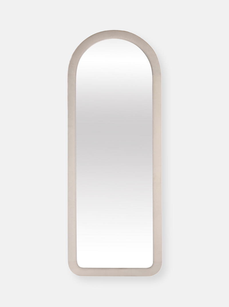 Full-length Cleo mirror with arched top, wide white suede velvet frame, front view on plain background