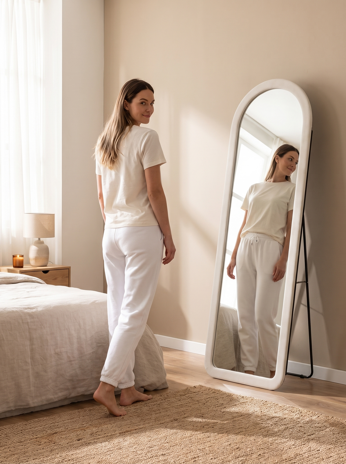 Miroir ovale sur pied Cleo avec revêtement en velours suédé
