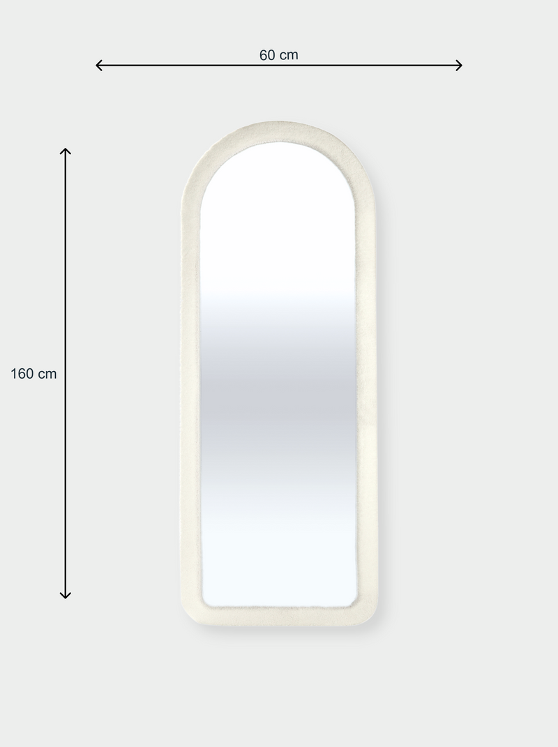 Dimension diagram of white teddy-upholstered arched floor mirror, annotated 160 cm tall by 60 cm wide, on grey background