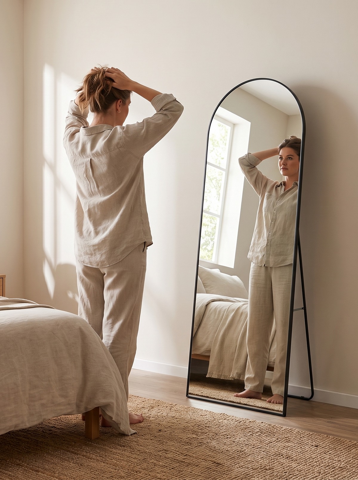Miroir ovale sur pied en verre trempé Livia