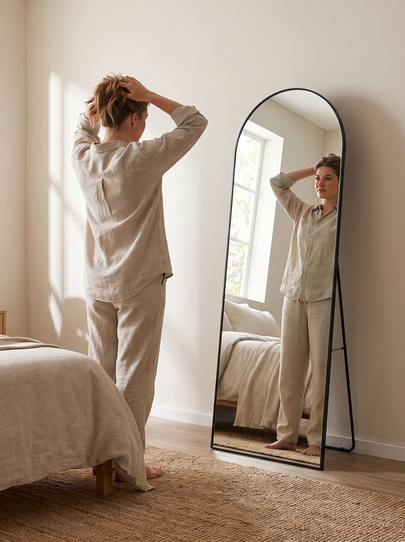 Miroir ovale sur pied en verre trempé Livia
